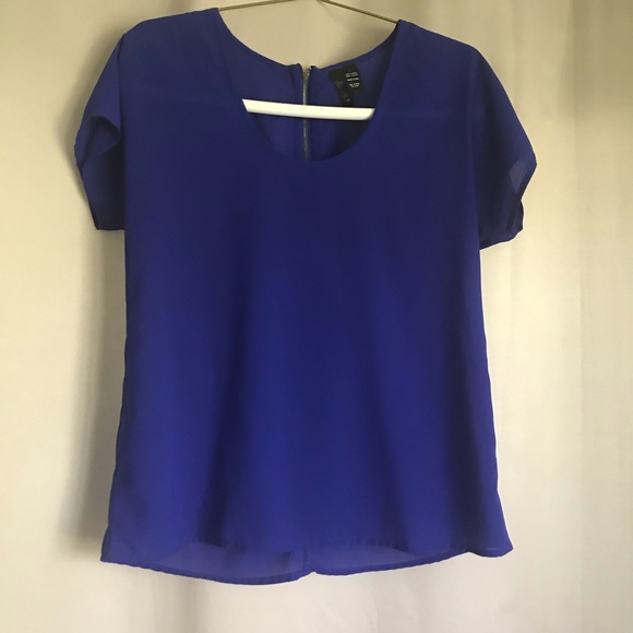 Fun & Flirt Tops - Sheer Royal Blue Short Sleeve Blouse & Back Zipper